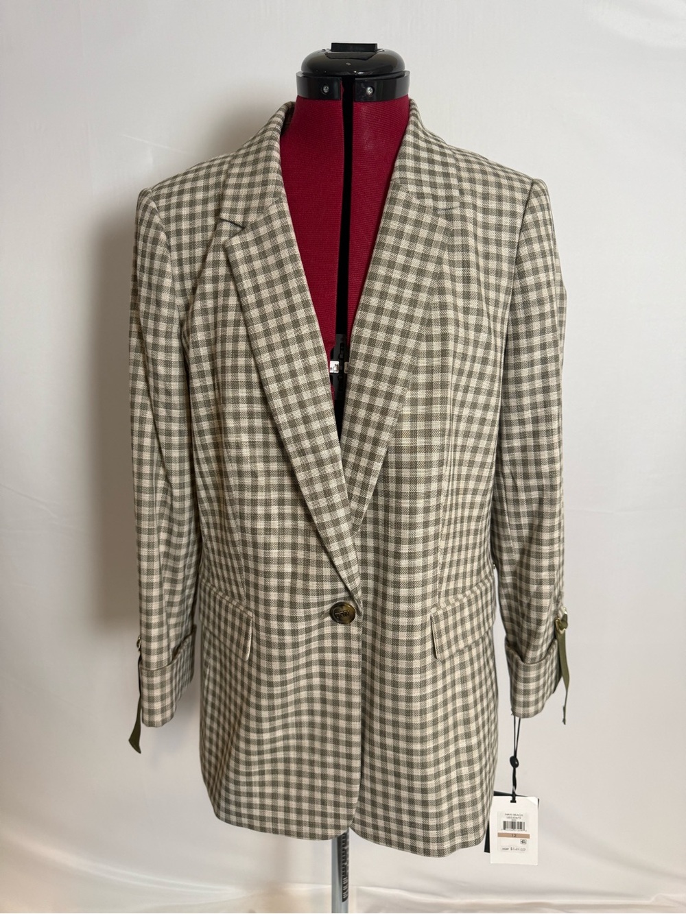 DKNY Tailored Blazer Women's Size 12 Green & Beige Checkered 3/4 Sleeve